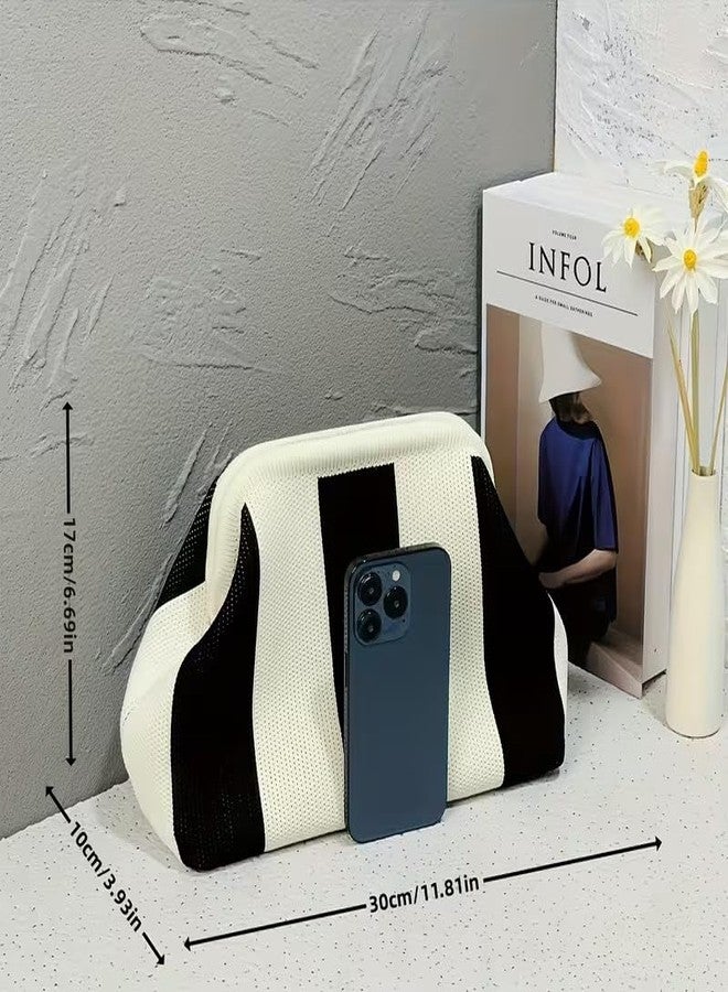 كون حقيبة يد نسائية من Kawn® بتصميم كروشيه مخطط | حقيبة كتف منسوجة يدوياً | حقيبة يد أنيقة بتصميم مميز وقفل كبس، مناسبة للاستخدام اليومي والنزهات - Image 4